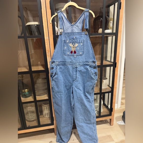 🎄Vintage 90s Christopher & Banks Moose reindeer Embroidered Denim Overalls jeans - Picture 1 of 10